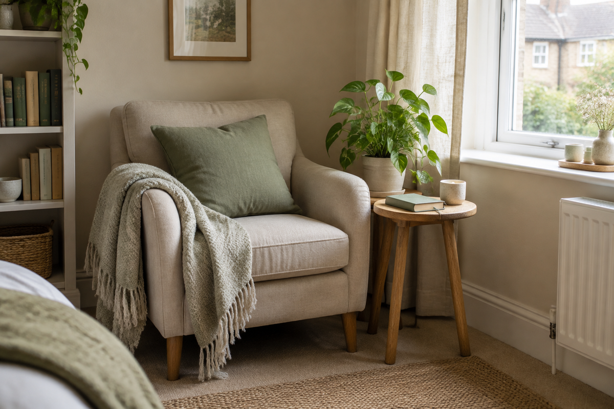 Cosy corner with a neutral armchair, small wooden side table, journal and leafy plant in soft daylight.