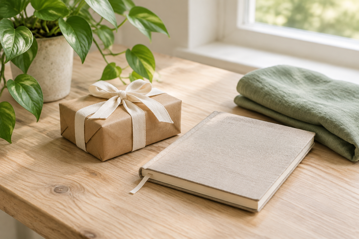 Kraft-paper gift with cotton ribbon beside a linen journal and sage-green cloth on a wooden table.