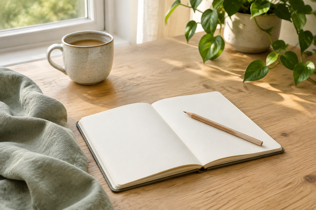 Open blank notebook and wooden pencil beside a ceramic mug and sage-green cloth on a sunlit table.