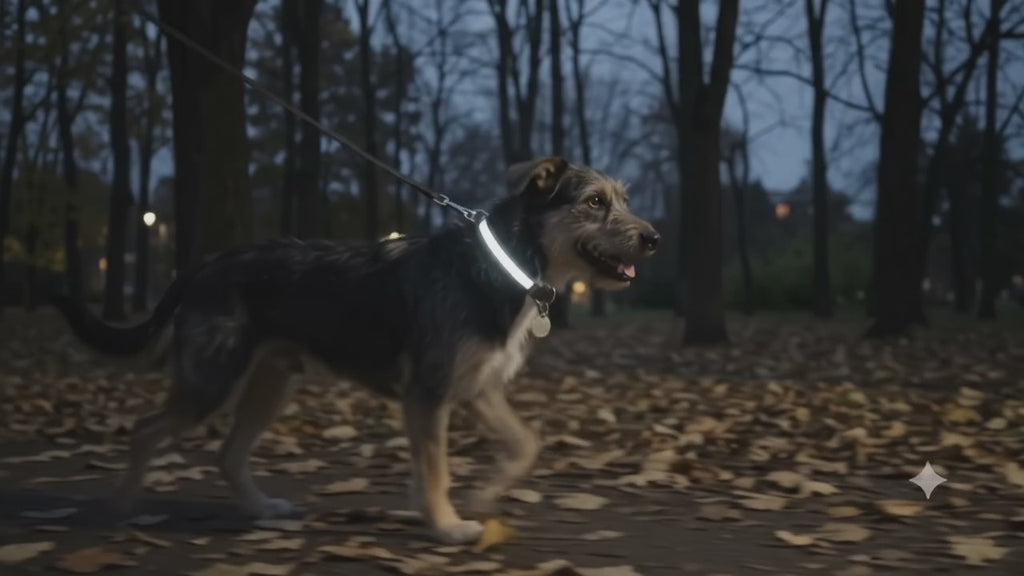 Focus on advice to be safe by being seen featuring dog wearing reflective collar on a wooded pathway walk