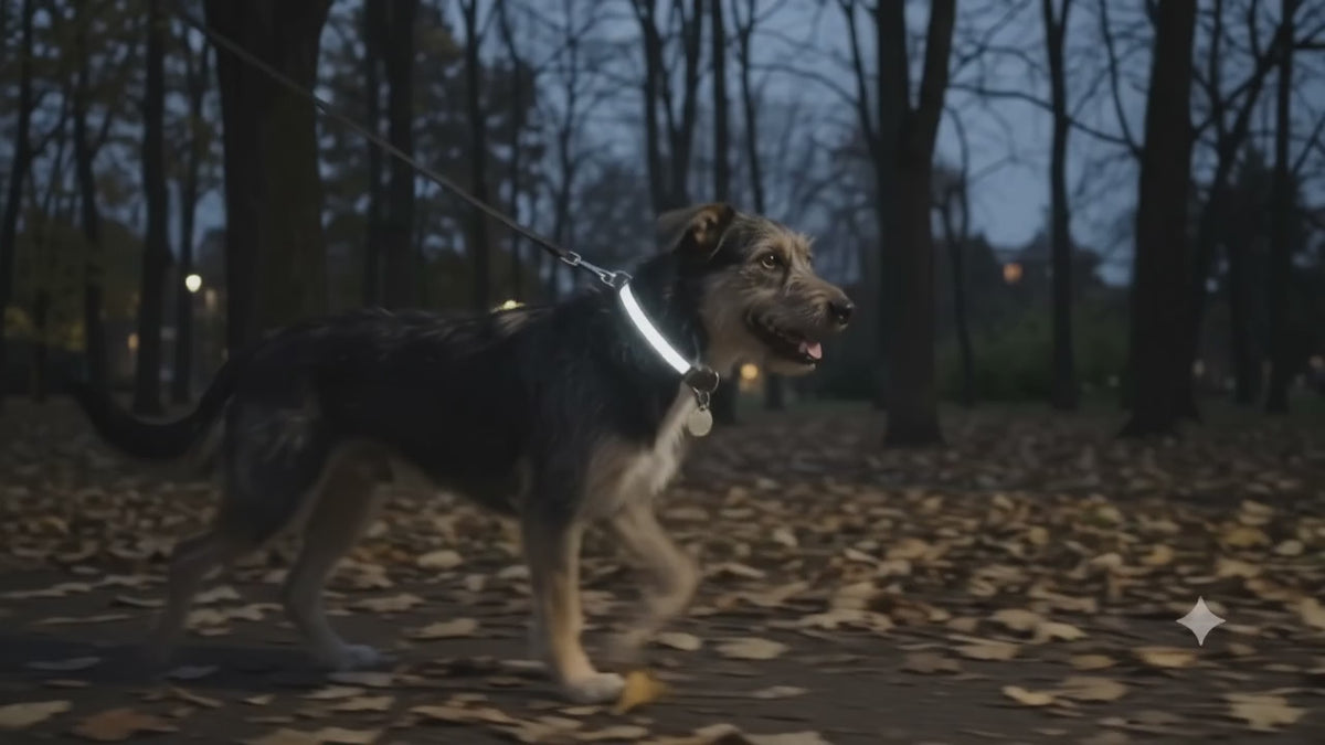 Focus on advice to be safe by being seen featuring dog wearing reflective collar on a wooded pathway walk